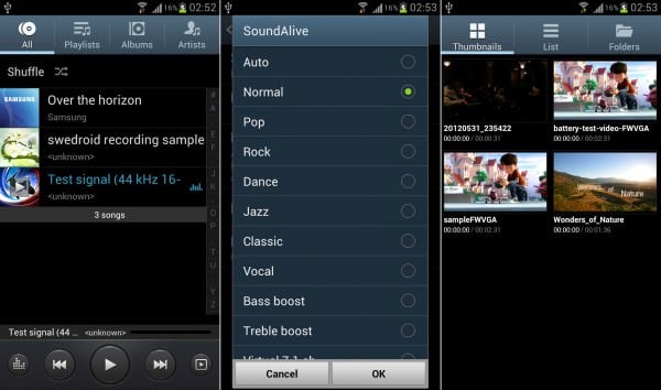 Samsung Galaxy S III music player, music player EQ and video player
